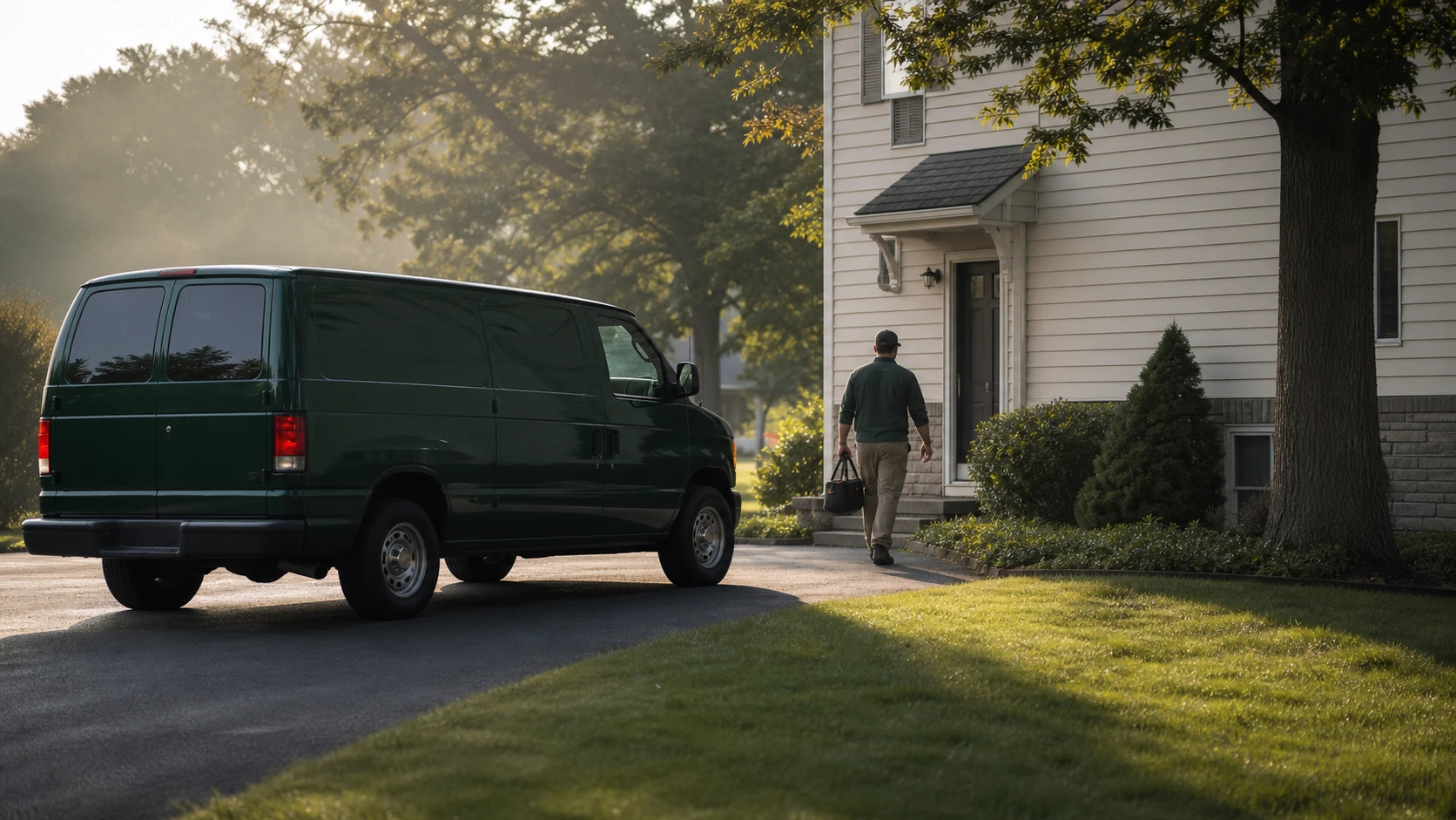 Unbranded plumbing service van arriving at a suburban home