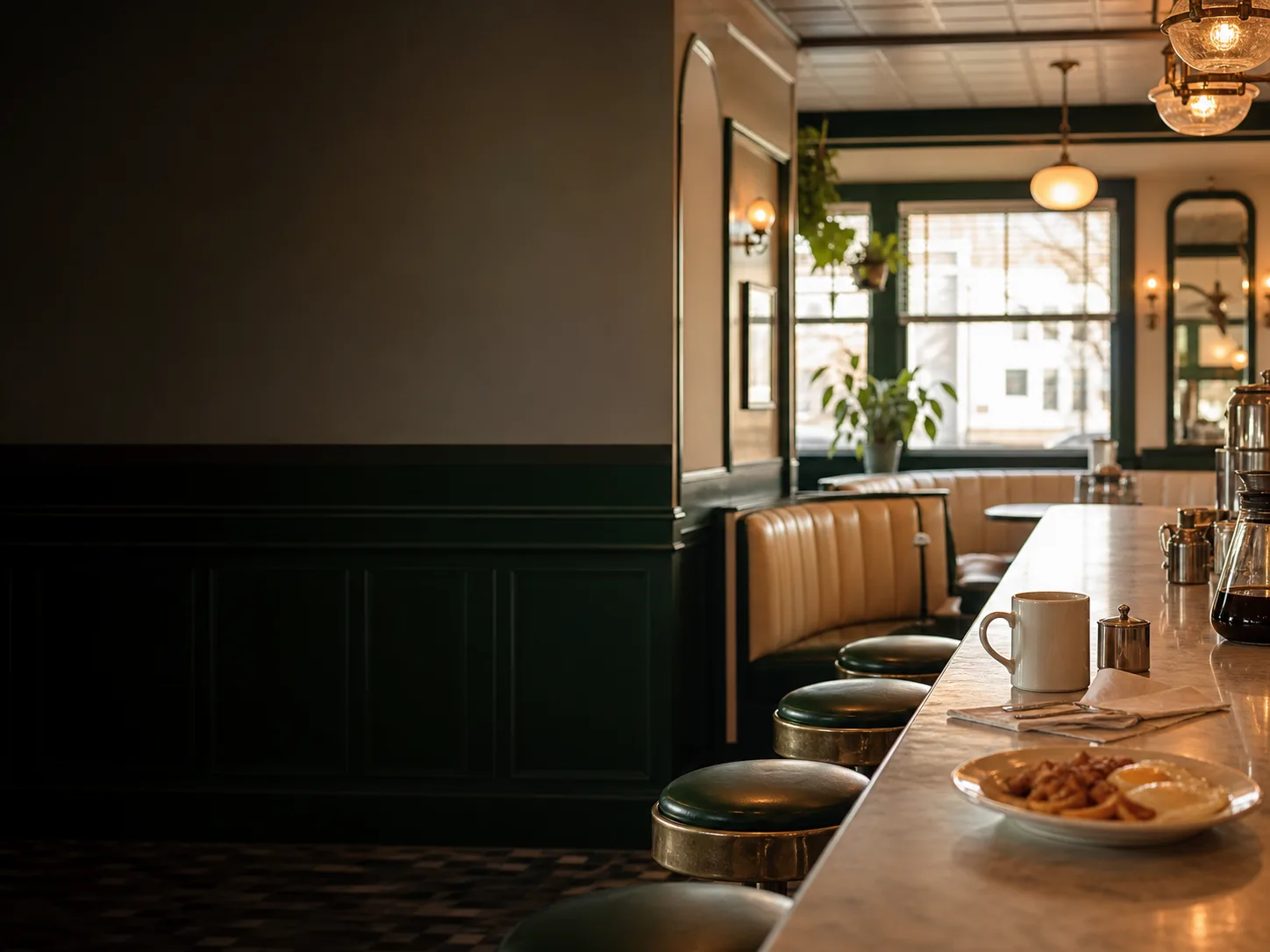 Neighborhood diner counter in warm morning light
