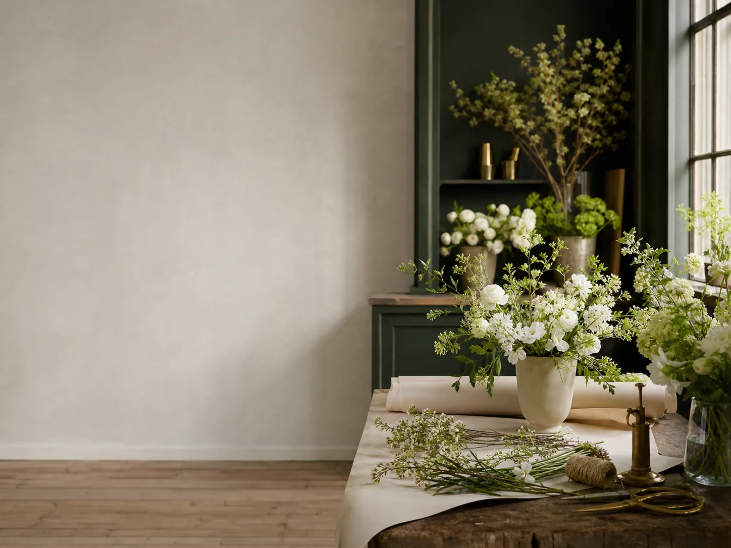 Florist worktable with white and green arrangements